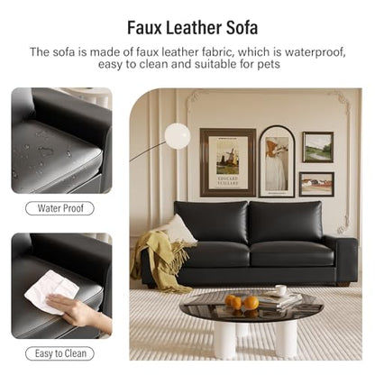 71.25" Faux Leather Loveseat Sofa Couch for Living Room, Black | Mid Century Modern Love seat with Wide Arm, Side Pockets, Deep Seat, Solid Wooden Frame for Office,Bedroom, Apart