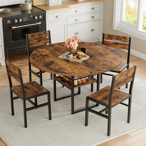 Round Dining Table Set for 4, 5-Piece Kitchen Table and Chairs with Storage Shelf, Circle Dinner Table Set with Wooden Tabletop & Metal Legs, for Kitchen & Dining Room, Rustic Brown and Black