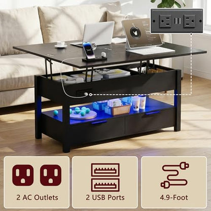 40" Lift Top Smart Coffee Table for Living Room | Power Outlets, LED Lights, Lifting Top, Storage Drawers & Compartments, for 4-6 People, Black - color: Black