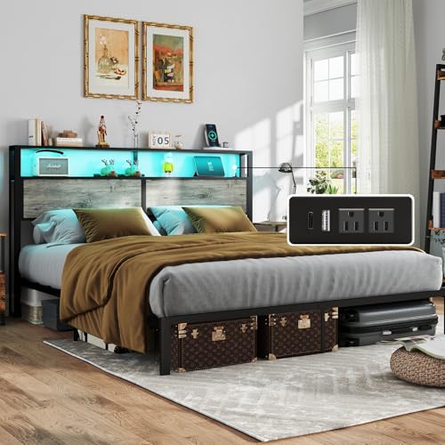 RVONOW King Size Bed Frame with 2-Tier Storage Headboard, Rustic Grey | Wooden headboard with LED lights, built-in charging station, No Box Spring Needed, Noise Free, Easy Assembly, Modern Bedroom - color: Rustic Grey, size: King