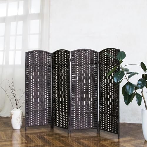 4-Panel Short Room Divider, 3.9 ft Freestanding Partition Wall, Dark Brown Rattan Double-Sided Folding Screen for Living Room, Bedroom & Corner Privacy - color: Dark Brown, size: 4 Panel