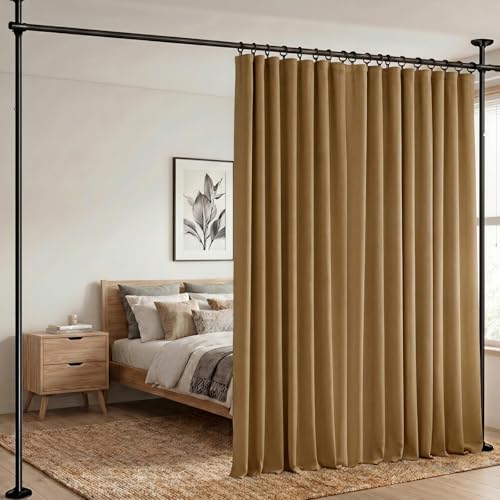 hoeflife Room Divider Curtains Blackout Floor to Ceiling Curtain with Hook Wall Mount Sliding Door Curtains Ceiling Mount Extra Wide Curtain Wall Divider for Room Separation (Khaki, W100 x H84 Inch) - color: Khaki, size: 100"W x 84"L (Pack of 1)