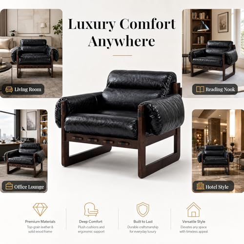 Modern Leather Accent Chair, Mid Century Reading Chair with Solid Wood Frame and Removable Padded Armrests, Upholstered Armchair with Soft Cushion for Bedroom Balcony Lounge Reading Room, Retro Black - color: Pu Leather-black