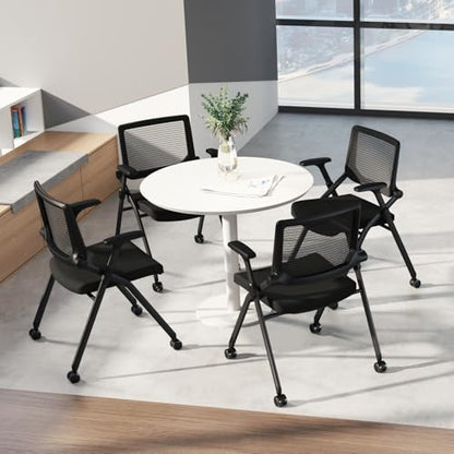 Foldable Office Chair with PU Wheels and Smooth Armrest-Ergonomic Mesh Bouncing Back, Stackable Conference Room Chair, Office Guest & Reception & Meeting Chair (Black)