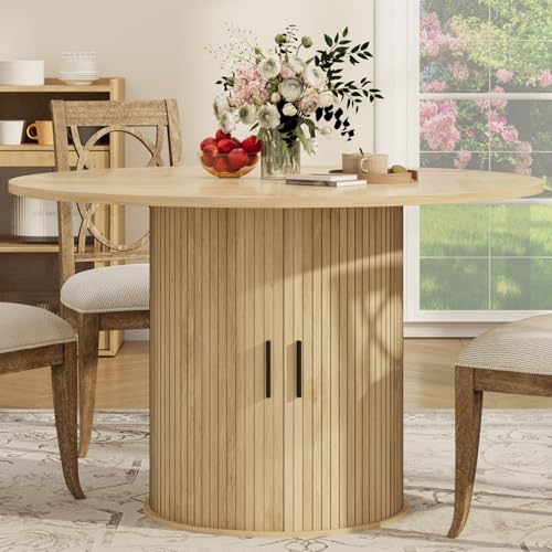 IDEALHOUSE 47 Inch Round Dining Table for 4, Natural Oak | With 2-Tier Shelf and Wood Slide Door, Pedestal Dinner Table Space Saving, T-Shape Base, Dining Room, Natural Oak Finish - color: Natural Oak
