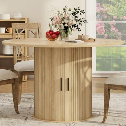 IDEALHOUSE 47 Inch Round Dining Table for 4, Natural Oak | With 2-Tier Shelf and Wood Slide Door, Pedestal Dinner Table Space Saving, T-Shape Base, Dining Room, Natural Oak Finish - color: Natural Oak