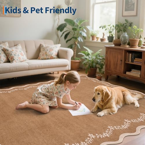 GarveeHome 2.5x10 Scalloped Washable Runner Rug Long Hallway Kitchen Rug | Soft Brown Hall Runner Non Slip Entryway Rug Farmhouse Thin Laundry Mat Stain Resistant Carpet for Bathroom Beside Rug - color: Brown, size: 2'6" x 10' (Rectangular)