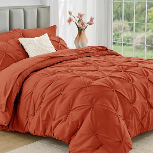 JOLLYVOGUE Twin Comforter Set 5 Pieces - Bed in a Bag Twin for All Season, Pintuck Bedding Comforter Sets with Comforter, Flat Sheet, Fitted Sheet and Pillowcases & Shams, Burnt Orange - color: Burnt Orange, size: Twin