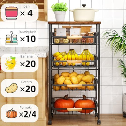 Storico 5-Tier Rolling Utility Cart Kitchen Storage Cart | Large Capacity, Sturdy Wheels, Wooden Tabletop, Perfect for Kitchen, Bathroom, Laundry room