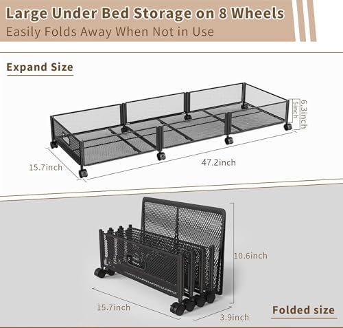47.2'' Long Under Bed Storage on Wheels, 57.6L Large Capacity Rolling Under the Bed Storage Containers, Tool-Free Assembly Foldable Underbed Shoes Clothes Toy Drawers - size: 1 Pack (47.2×15.7")