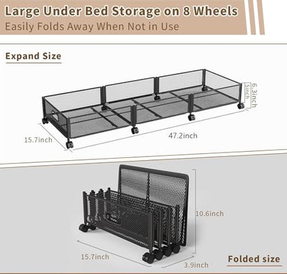 47.2'' Long Under Bed Storage on Wheels, 57.6L Large Capacity Rolling Under the Bed Storage Containers, Tool-Free Assembly Foldable Underbed Shoes Clothes Toy Drawers - size: 1 Pack (47.2×15.7")