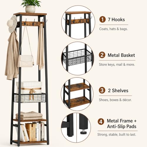 Coat Rack with Metal Basket and Storage Shelves | Coat Stand Freestanding, Hall Tree With and 7 Hooks, Clothes Rack Stand Organizer, Rustic Brown and Black - color: Rustic Brown and Black, style: 2 Shelves + 1 Basket