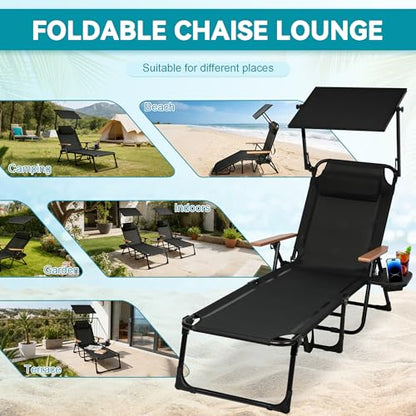 Beach Lounge Chair, Folding Outdoor Chaise Lounge Chair with Arms, 4-Position Backrest, Extended Sun Tanning Chair Pillow & Cup Holder, Patio Lounger for Outside for Beach Pool Patio Yard (Black-U) - color: Black-u