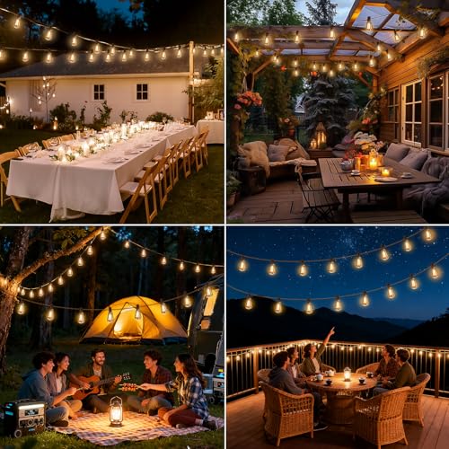 100FT Solar String Lights Outdoor Waterproof with Remote & Timer, LED Shatterproof ST38 Bulbs, USB & Solar Powered Patio Lights for Backyard, Porch, Garden, Wedding Decor, Dusk to Dawn Lighting - size: 100FT