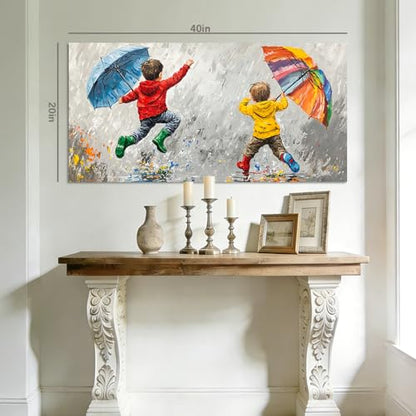 ZESTRILIA Joyful Kids Playing in Rain Canvas Wall Art, Rainbow Umbrella Children Oil Painting Print, Modern Colorful Impressionist Art for Nursery Bedroom Playroom Living Room (40x20 Inch) - color: Blue Children Umbrellas