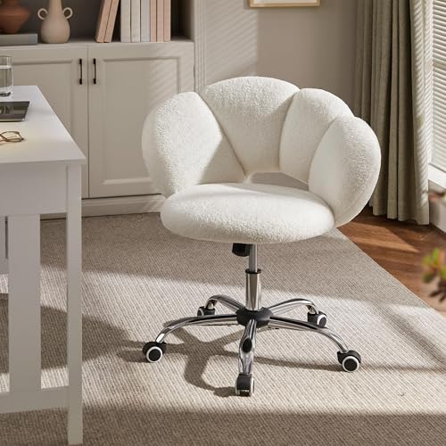 Yaheetech White Petal Boucle Makeup Vanity Desk Chair with Wheels, Swivel | Soft foam-padded boucle fabric fits vanity, bedroom, office or sewing desks; adjustable height, swivel wheels, fast assembly. - color: White