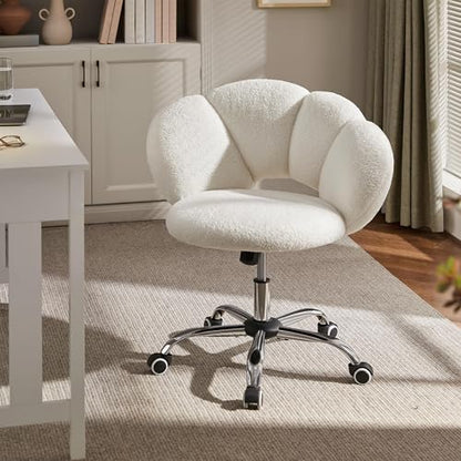 Yaheetech White Petal Boucle Makeup Vanity Desk Chair with Wheels, Swivel | Soft foam-padded boucle fabric fits vanity, bedroom, office or sewing desks; adjustable height, swivel wheels, fast assembly. - color: White