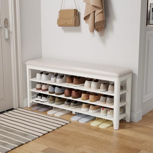 AQIMUELE Shoe Bench with Leather Cushion, 3 Tiers Shoe Storage Bench Height Adjustable, Walnut Wood Entryway Bench for Hallway, Mudroom - color: White, size: 47.2"