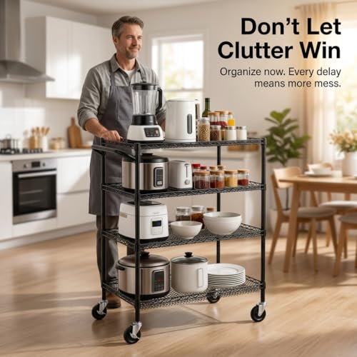 Finnhomy 4 Tier Heavy Duty Commercial Grade Rolling Cart with Handle Bar, Metal Wire Utility Cart with Wheels, Service Trolley on Wheels, Shelf Size 24" D x 36" W, NSF, Black - size: 36"L x 24"W x 46.7"H-4 Tier, style: Black Cart