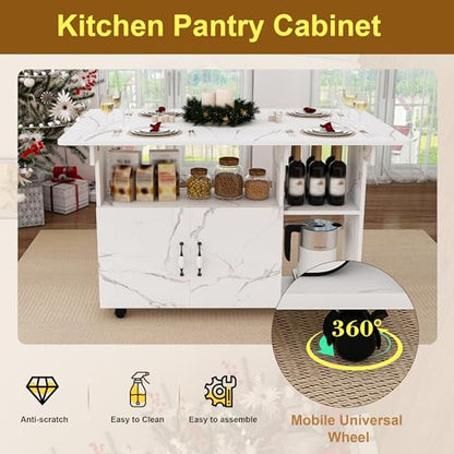 KEIKI 47 Inch Foldable Dining Table, Multi-Functional Folding Table with Storage Shelves and Wheels, Drop Leaf Extendable Dining Desk, Versatile Foldable Side Table for Kitchen, Dorm, Office, White - color: White