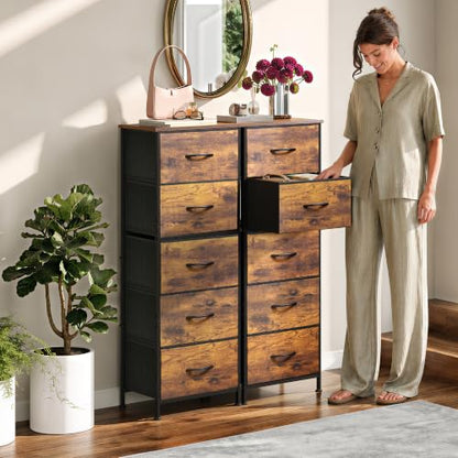 WLIVE Tall Dresser for Bedroom, 5 Drawer Dresser, Rustic Brown | 5 vertical fabric drawers, Tall vertical design, Bedroom or closet use, Dresser for small spaces, Chest of drawers - color: Rustic Brown Wood Grain Print