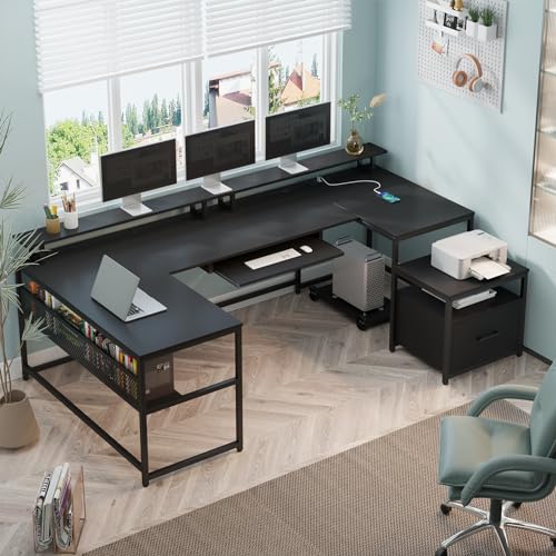SEDETA 101.5''Reversible L Shaped Desk with Drawer for Home,Black | U Shaped Desk Office with Power Outlet,Computer with Monitor Shelf,Two Person Desk with Keyboard Tray
