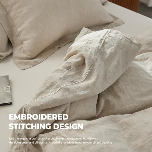 Simple&Opulence 100% Washed Linen Duvet Cover Set with Embroidered,3 Pieces Soft Farmhouse Comforter Set with Button Closure,1 Duvet Cover and 2 Pillowshams(Full,Natural Linen) - color: Embroidery Linen, size: Full