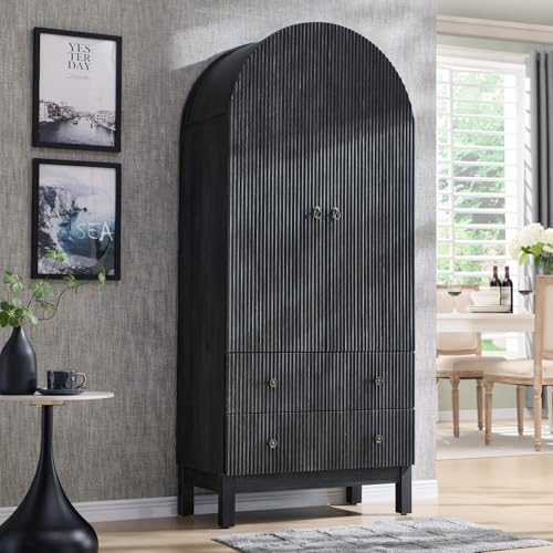 IFGET 71" Tall Arched Pantry Cabinet, Fluted Kitchen Storage Cabinet with Adjustable Shelves and 2 Large Drawers, Freestanding Morden Versatile Cupboard for Living Room, Bathroom, Dark Gray - color: Dark Gray