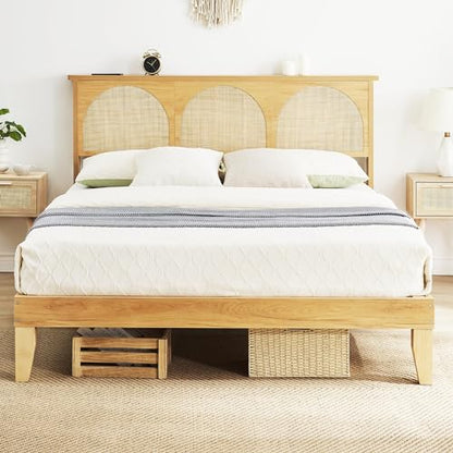 GAOMON Queen Bed Frame with Natural Rattan Headboard, Queen Size Platform Bed Frame with LED Lights and Rattan Headboard, Wooden Support Legs, No Box Spring Needed, Easy Assembly