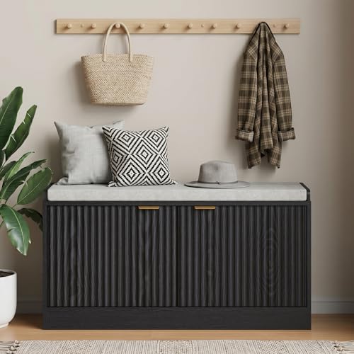 Fluted Shoe Storage Bench with Cushioned Seat and Sliding Doors, Black丨Modern Entryway Cabinet with Gold Handles, Hidden Shoe Organizer for Hallway, Living Room - color: Black