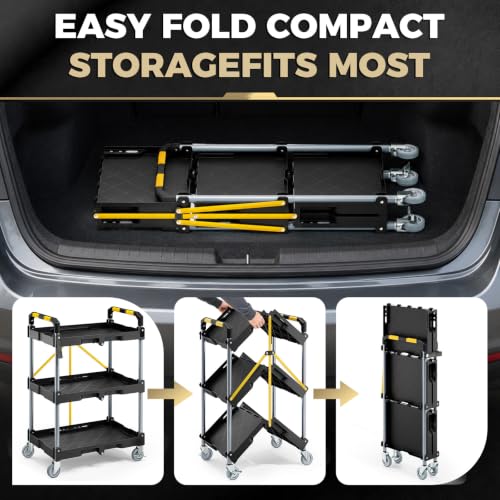 KINGRACK 3 Tier Rolling Folding Utility Cart with Wheel for Garage Workshop | Folding Utility Cart,200LBS Capacity with Fixed Rope,Ergonomic Textured Grip Handle