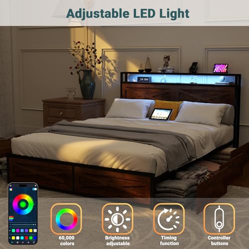 Zevemomo Full LED Bed Frame with 6 Storage Drawers, Farmhouse Headboard w/Charging Ports Station, Full-Size Platform Bed Frame No Box Spring Needed, Metal Structure & Wood Boards, Rustic Bed Frames