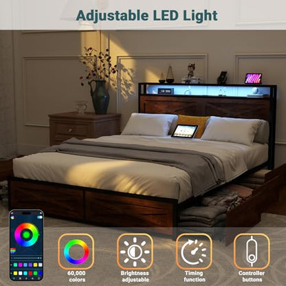 Zevemomo Full LED Bed Frame with 6 Storage Drawers, Farmhouse Headboard w/Charging Ports Station, Full-Size Platform Bed Frame No Box Spring Needed, Metal Structure & Wood Boards, Rustic Bed Frames