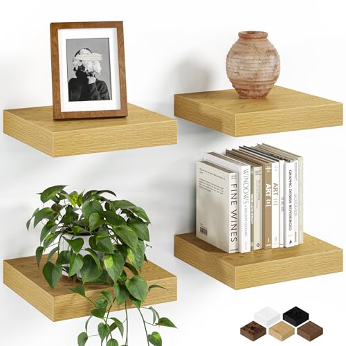 Fun Memories Floating Shelves for Wall, 8 Inch Set of 4 Rustic Wood Wall Shelves with Invisible Brackets, Heavy Duty Storage Display for Bathroom Bedroom Living Room Kitchen, Oak - color: Oak, size: 8"D x 8"L - 2Pack