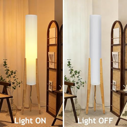 Wabi-Sabi 50" Wood Tripod Floor Lamp with Paper Lantern Inspired | Tall Linen Fabric Shade, E26 3-Color Temperatures Bulb Included, Foot Switch, Natural Wood For Living Room, Bedroom, Office - color: Natural Wood