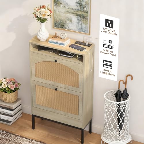 LUCKLIFE Shoe Cabinet with Charging Station, Flip Down Shoe Storage Organizer with Adjustable Shelves, Hidden Slim Shoe Rack with Anti-Tip Kit for Entryway or Hallway (Oak Rattan)