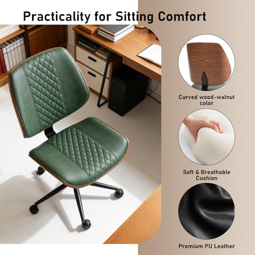 Modern Walnut Home Office Chair, Executive Desk Chair No Arms Green | with Wheels, Adjustable Height, Comfy PU, Deeper Cushion, Mid Back, 360 Swivel Computer Chair - color: Green