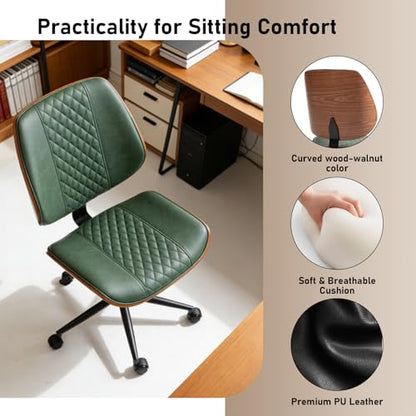 Modern Walnut Home Office Chair, Executive Desk Chair No Arms Green | with Wheels, Adjustable Height, Comfy PU, Deeper Cushion, Mid Back, 360 Swivel Computer Chair - color: Green