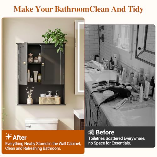 Bathroom Wall Cabinet, Black 30" x 24" Wall Mounted Medicine Cabinet, Over Toilet Storage Hanging Cabinet Adjustable Shelves Cupboard with Large Space for Laundry Room, Bedroom, Kitchen, Entryway - size: 29.5"x 23.6"x 8.3"-black