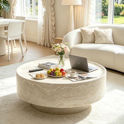 31.5" Round Concrete Coffee Table with Base (31.5"x12.8") | Faux Marble Center Table Concrete Coffee Table Travertine Accent Table Stone Coffee Table Living Room Furnitures - color: Mars,ø31.5" X 12.8",pedestal