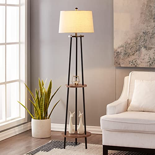 Maxax Shelf Floor Lamp for Living Room, 65" Tripod Standing Reading Lamp with 2 Shelves, 3 Way Dimmable Display Floor Lamps with Oatmeal Fabric Shade for Office, Bedroom