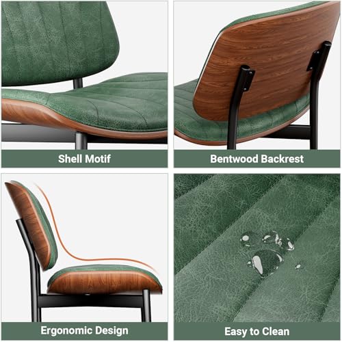 YaFiti Mid Century Dining Chairs Set of 2 with Walnut Bentwood, Green | Ergonomic Walnut Backrest, Upholstered Waterproof PU Leather Seat, Stable Metal Legs, Adjustable Footpads, Apartment Friendly - color: Green Scallop