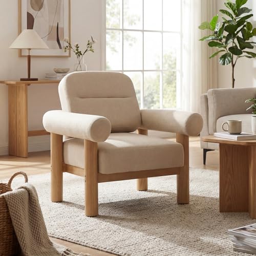 HNY 1-Pack Mid-Century Chenille Barrel Chair, Khaki | Comfy Round Upholstered Armchair, Solid Wood Frame With Open Back, Lounge Side Club Chair for Living Room, Bedroom, Office - color: Khaki, size: 1
