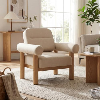 HNY 1-Pack Mid-Century Chenille Barrel Chair, Khaki | Comfy Round Upholstered Armchair, Solid Wood Frame With Open Back, Lounge Side Club Chair for Living Room, Bedroom, Office - color: Khaki, size: 1