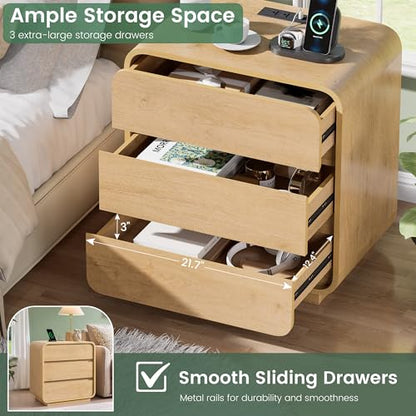 Standifurno Natural Curved Nightstand Set of 2, 23.2" Large Wood Bedside Table with 3 Drawers, Charging Station, Modern Side Table, Mid-Century End Table Night Stand for Bedroom Sofa - color: Natural, size: 3 Drawer(2PC)