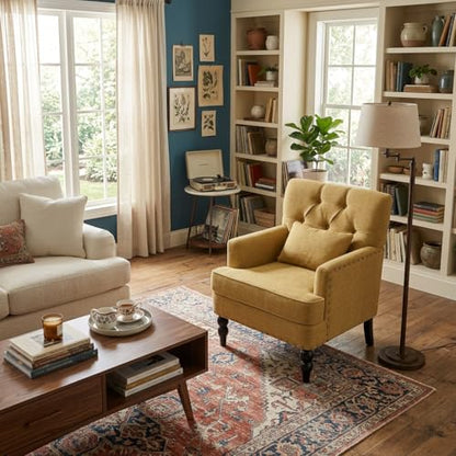 HUIMO Accent Chair, Tufted Upholstered Club Chair, Mustard Yellow | Tufted upholstered club chair with lumbar pillow and solid wood legs. Suitable for living rooms, bedrooms, and reading nooks. - color: Yellow