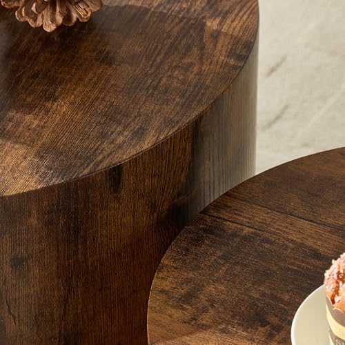 Round Nesting Coffee Table Set of 2 Living Room, No Assembly | Modern Wooden Center Tables, Tea Table for Apartment, Small Circle Accent End Table Set, Dark Brown - color: A-dark Brown