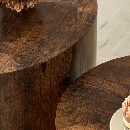 Round Nesting Coffee Table Set of 2 Living Room, No Assembly | Modern Wooden Center Tables, Tea Table for Apartment, Small Circle Accent End Table Set, Dark Brown - color: A-dark Brown