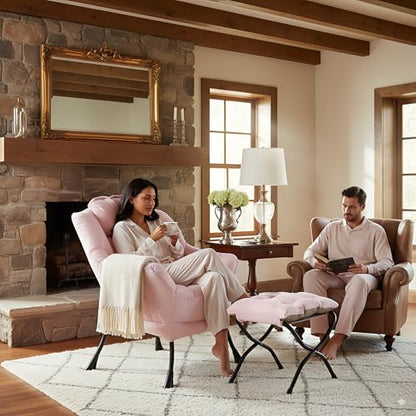 Lazy Chair with Ottoman, Comfy Accent Reading Chair, Pink | Foldable Footrest,Removable Cover,with Armrests and Side Pockets,Upholstered Lounge Chair for Bedroom,Dorm,Office,Small Space - color: Single Pink