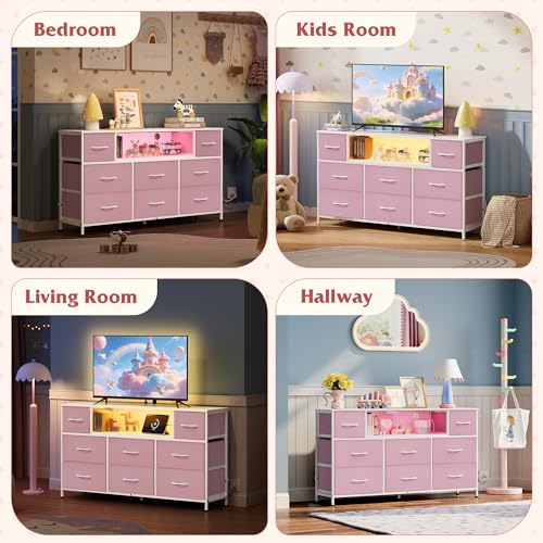 WLIVE LED Dresser TV Stand for 55 Inch TV, 8 Drawers, Pink | Fits TVs up to 55 inch, 8 fabric drawers, LED chest of drawers, Built-in power outlet, Living room or bedroom - color: A-pink
